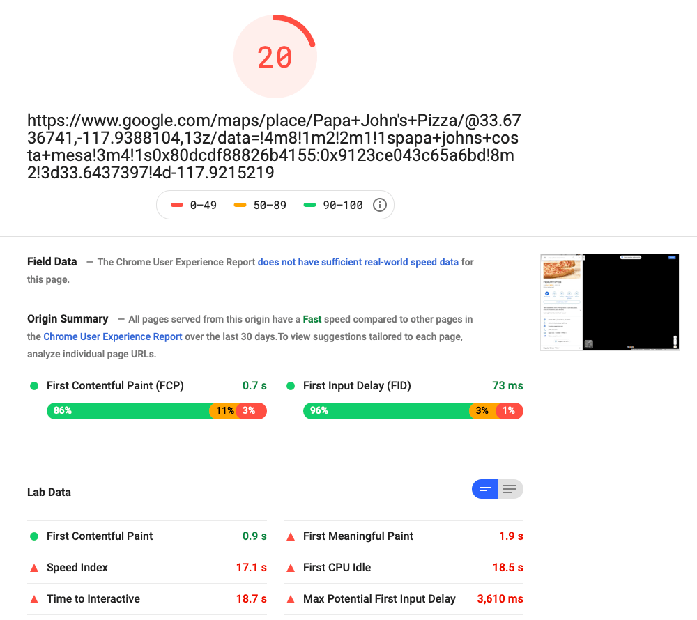 Google Maps Result for Desktop. Taken directly from a Google PageSpeed Insights test created to measure how fast a webpage loads. Google does even worse on desktop.