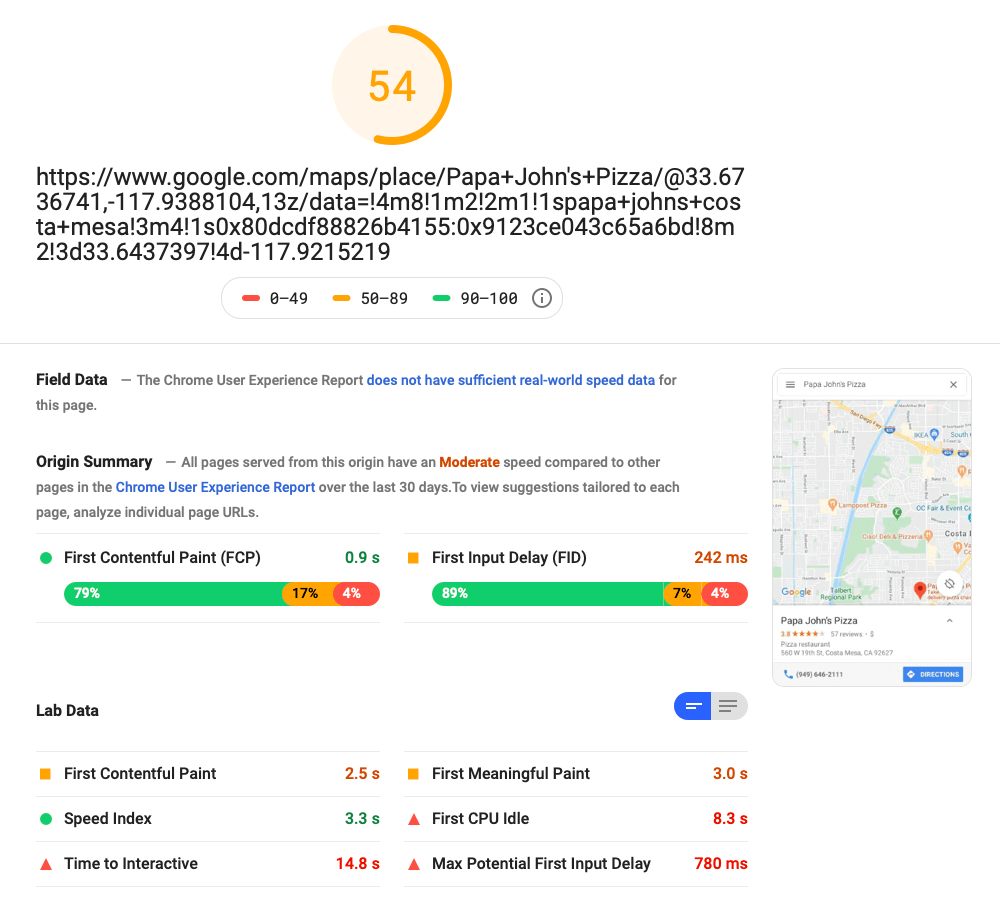 Google Maps Result for Mobile. Taken directly from a Google PageSpeed Insights test created to measure how fast a webpage loads. Google fails miserably on mobile.